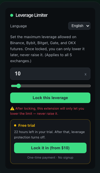 Leverage Limiter popup with the leverage input, slider and Lock this leverage button